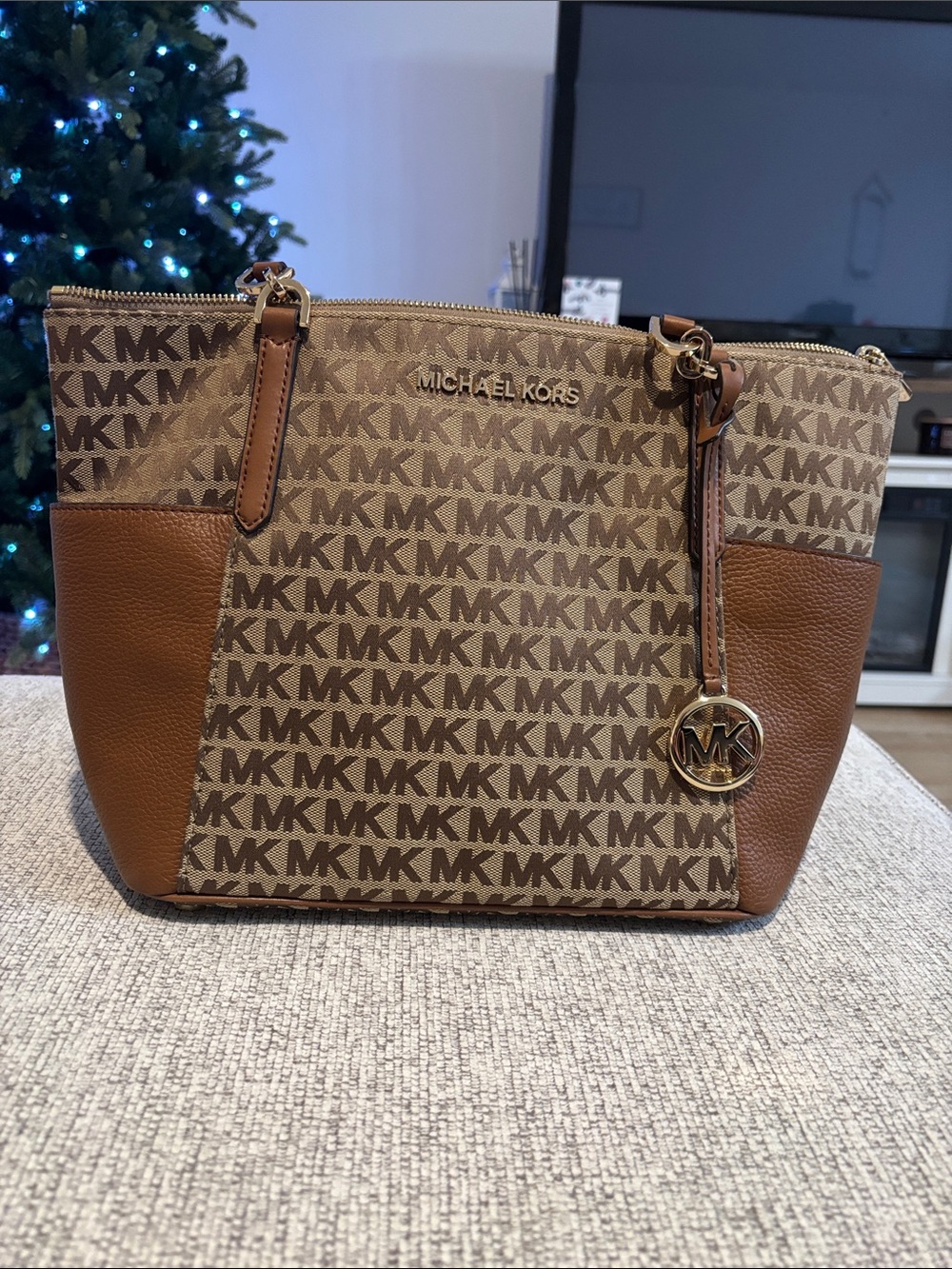 Michael Kors Brown MK Logo Tote with Chestnut Leather Trim